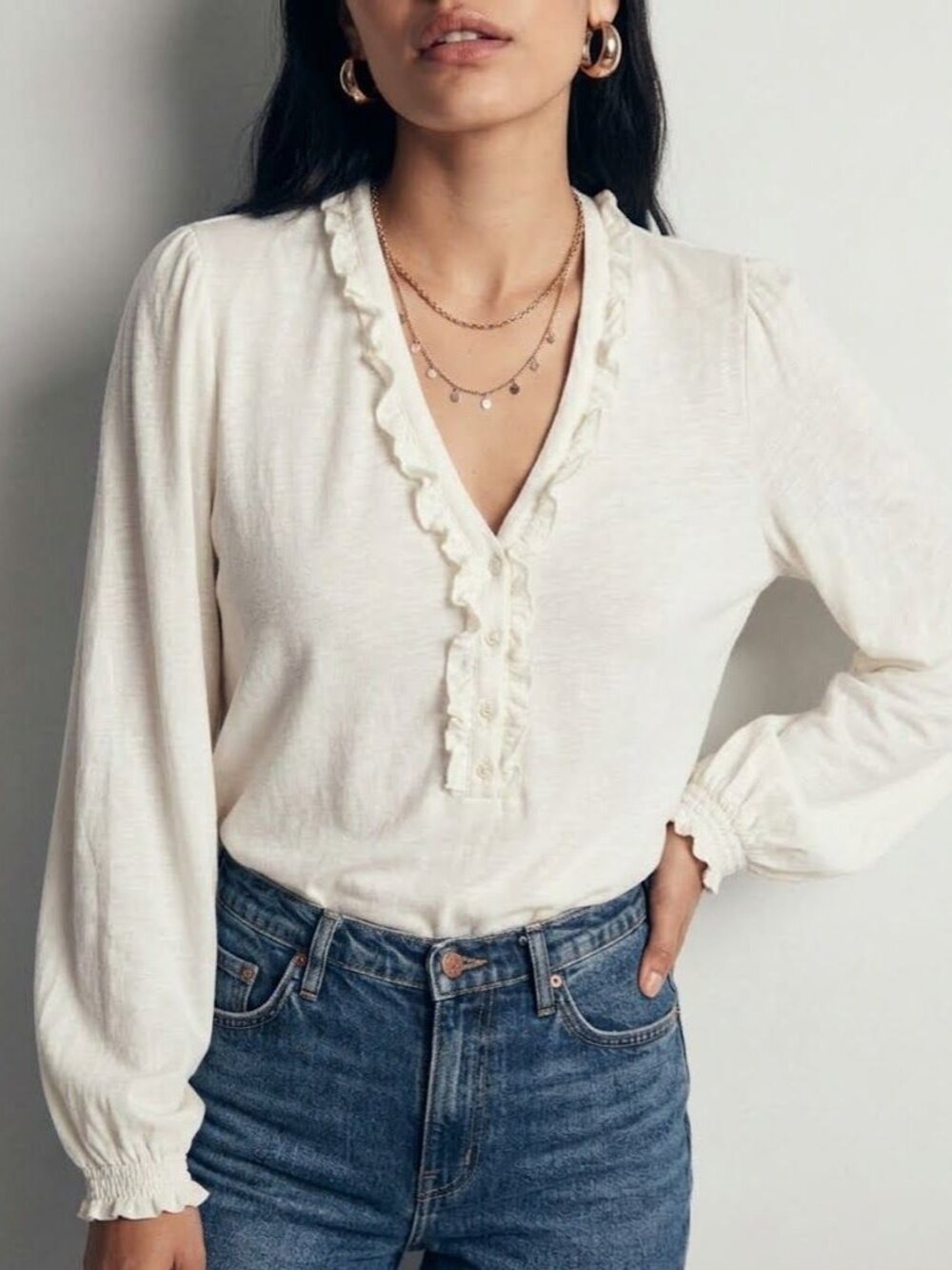 Boden Ruffle Frill Trim Henley Long Sleeve Top Cream Size 16-18 Preppy Academia